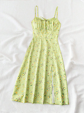 Vacation Leisure Ditsy Floral Print Split Strap Dress
