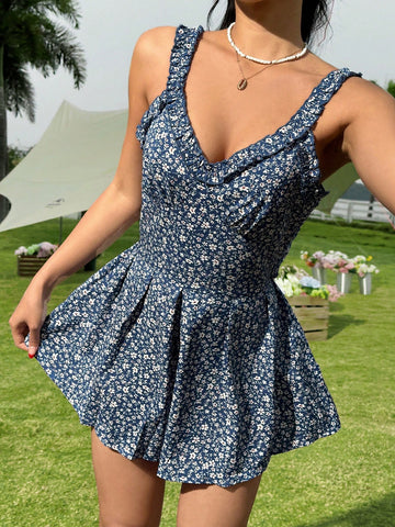 Vacation Sexy Little Flower Print Spaghetti Strap Romper