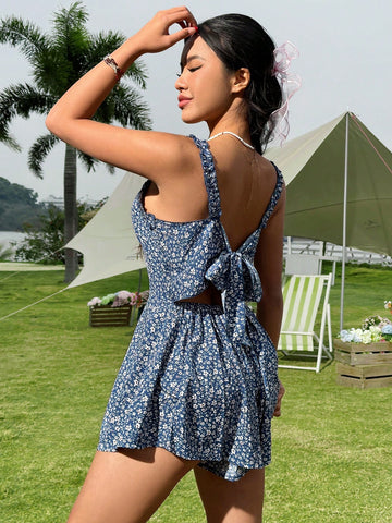Vacation Sexy Little Flower Print Spaghetti Strap Romper