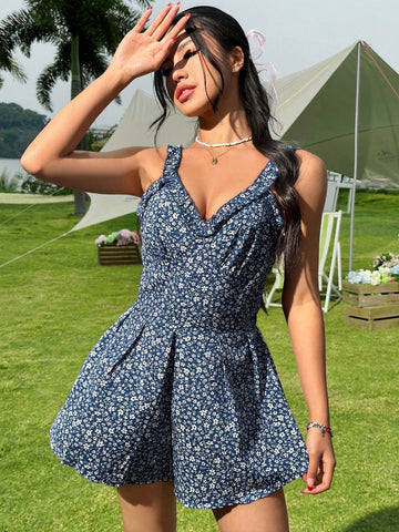 Vacation Sexy Little Flower Print Spaghetti Strap Romper