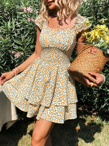 Vacation Style Women'S Small Floral Print Off Shoulder Jumpsuit With Ruffle Hem