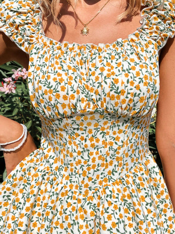 Vacation Style Women'S Small Floral Print Off Shoulder Jumpsuit With Ruffle Hem