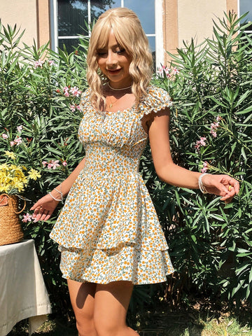 Vacation Style Women'S Small Floral Print Off Shoulder Jumpsuit With Ruffle Hem