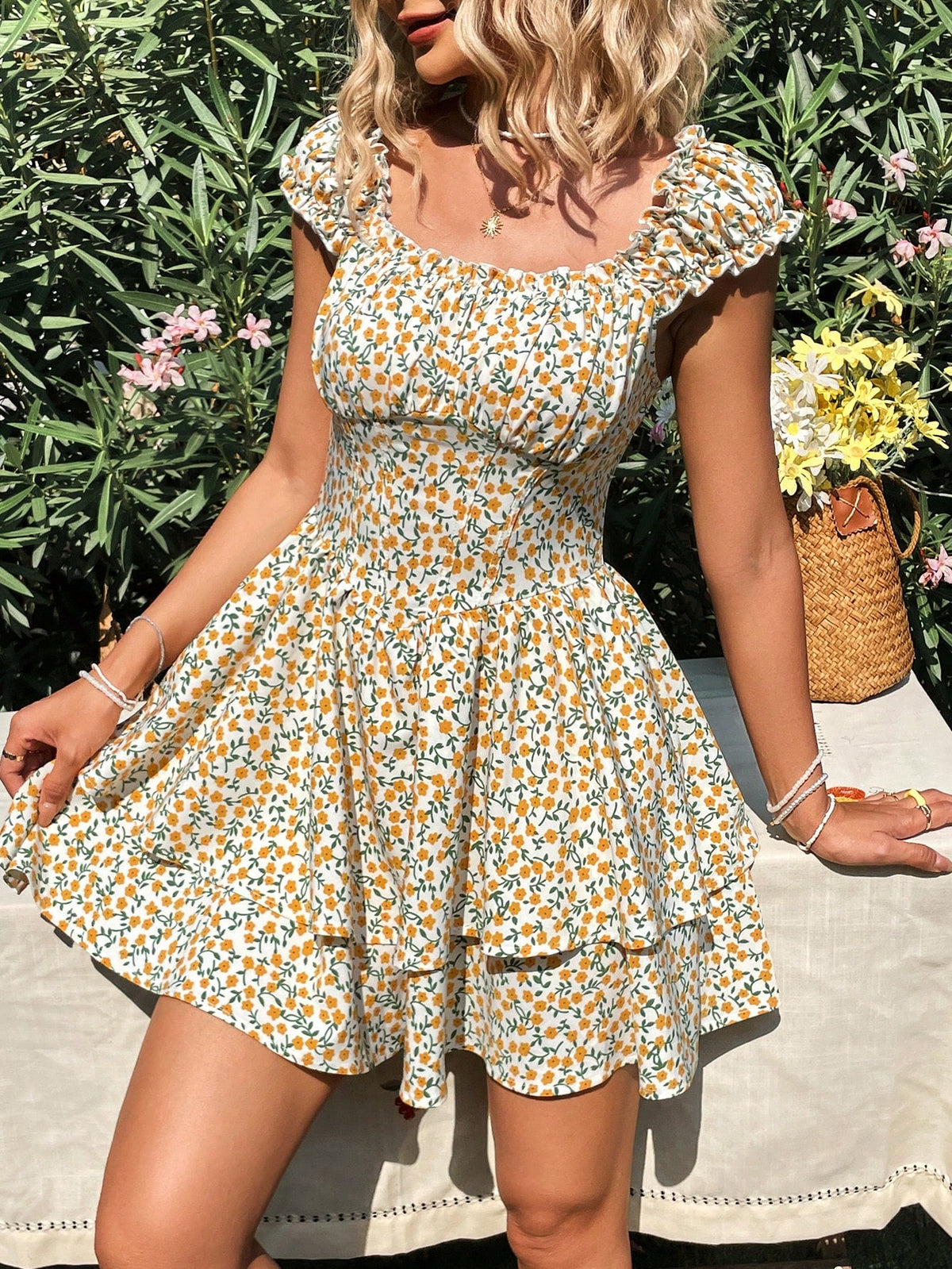 Vacation Style Women'S Small Floral Print Off Shoulder Jumpsuit With Ruffle Hem