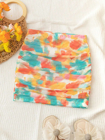 WYWH Vacation Summer Seaside Casual Colorful Tie Dye Print Pleated Low-Waist Elastic Mini Skirt