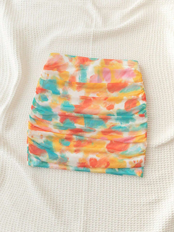 WYWH Vacation Summer Seaside Casual Colorful Tie Dye Print Pleated Low-Waist Elastic Mini Skirt