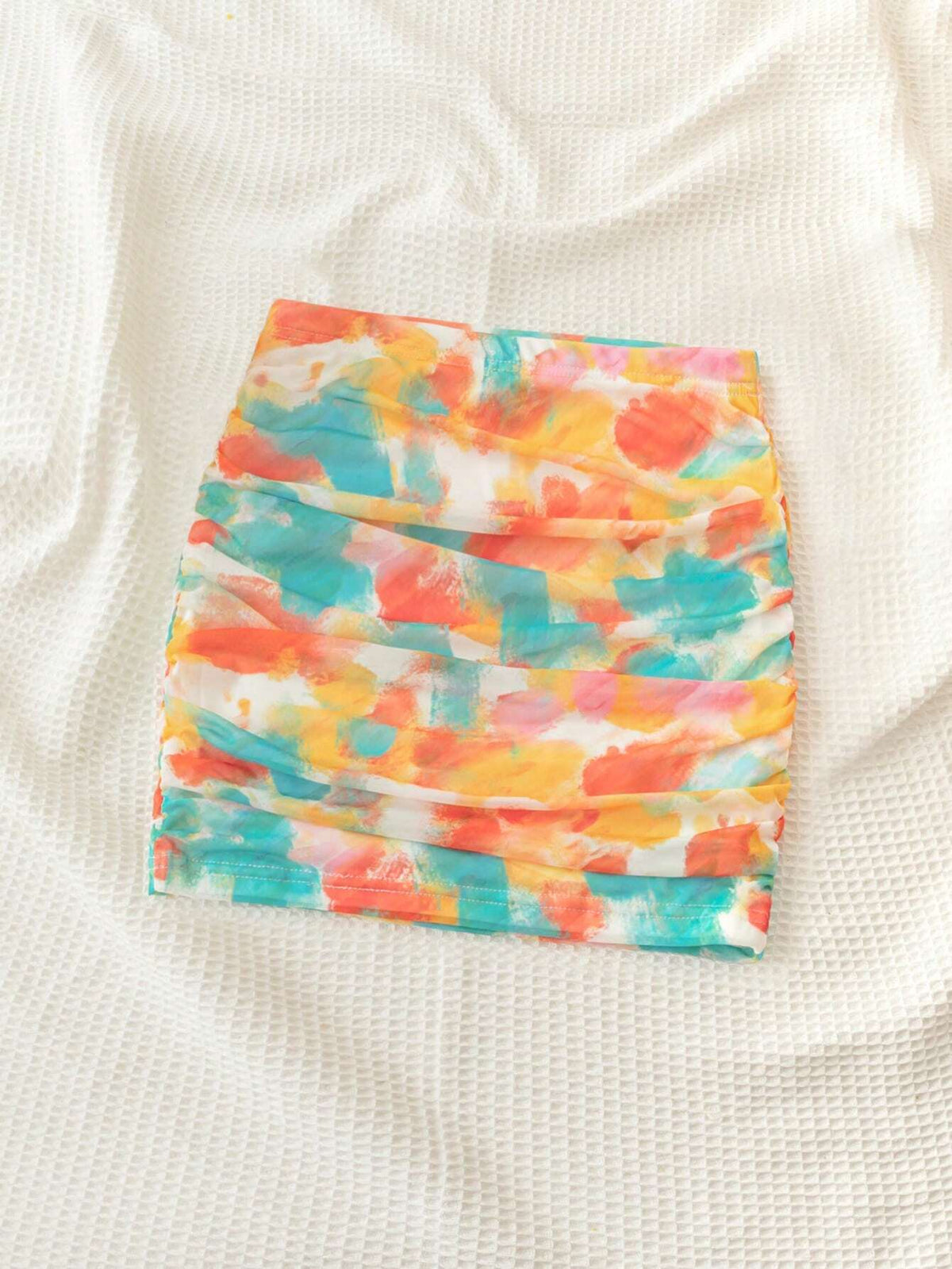 WYWH Vacation Summer Seaside Casual Colorful Tie Dye Print Pleated Low-Waist Elastic Mini Skirt