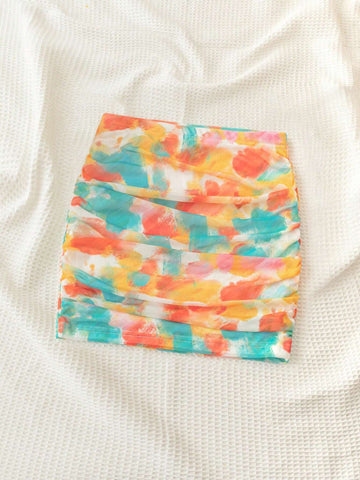 WYWH Vacation Summer Seaside Casual Colorful Tie Dye Print Pleated Low-Waist Elastic Mini Skirt