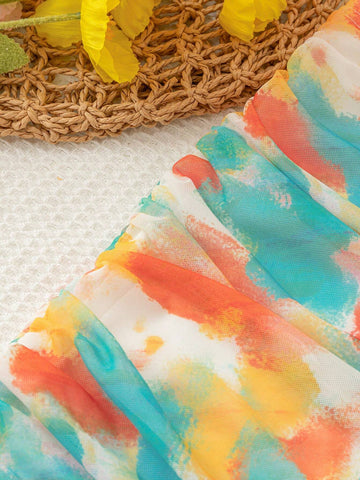 WYWH Vacation Summer Seaside Casual Colorful Tie Dye Print Pleated Low-Waist Elastic Mini Skirt