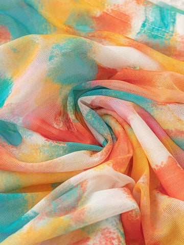 WYWH Vacation Summer Seaside Casual Colorful Tie Dye Print Pleated Low-Waist Elastic Mini Skirt