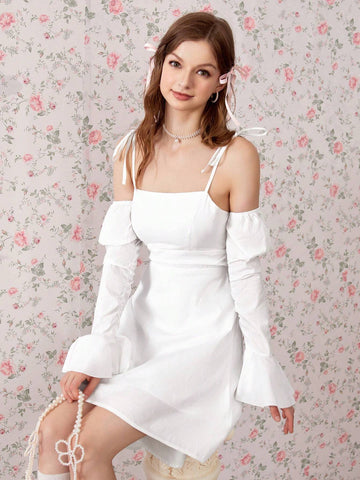 Vintage American Style Casual Sweet & Spicy Backless Lace-Up Waist Hollow Design Bell Sleeve Sling Cold Shoulder Medium-Long Dress