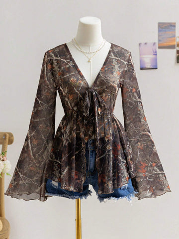 Vintage Tree Branch & Maple Leaf Print V-Neck Tie Front Bowknot Flare Sleeve Asymmetrical Hem Blouse, Vacation Wear,