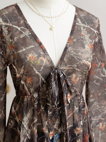 Vintage Tree Branch & Maple Leaf Print V-Neck Tie Front Bowknot Flare Sleeve Asymmetrical Hem Blouse, Vacation Wear,