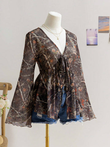 Vintage Tree Branch & Maple Leaf Print V-Neck Tie Front Bowknot Flare Sleeve Asymmetrical Hem Blouse, Vacation Wear,