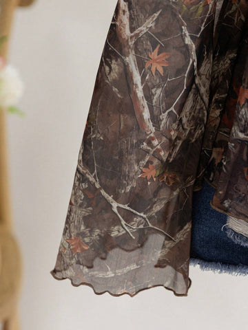 Vintage Tree Branch & Maple Leaf Print V-Neck Tie Front Bowknot Flare Sleeve Asymmetrical Hem Blouse, Vacation Wear,
