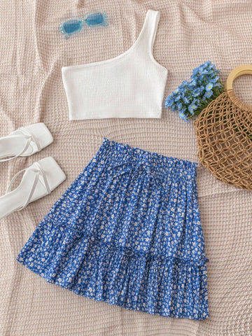 Holiday Women Casual One Shoulder Ribbed Top And A-Line Ruffled Multi-Layer Skirt