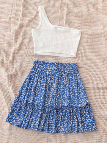 Holiday Women Casual One Shoulder Ribbed Top And A-Line Ruffled Multi-Layer Skirt