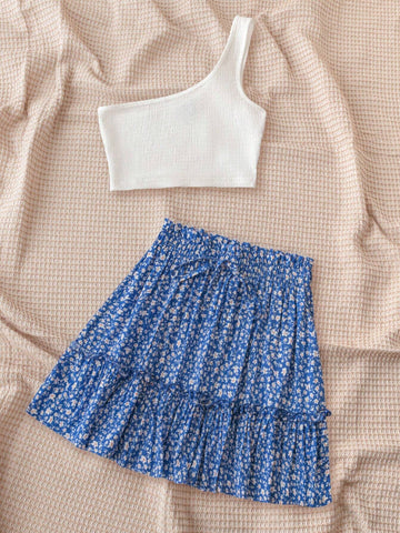 Holiday Women Casual One Shoulder Ribbed Top And A-Line Ruffled Multi-Layer Skirt