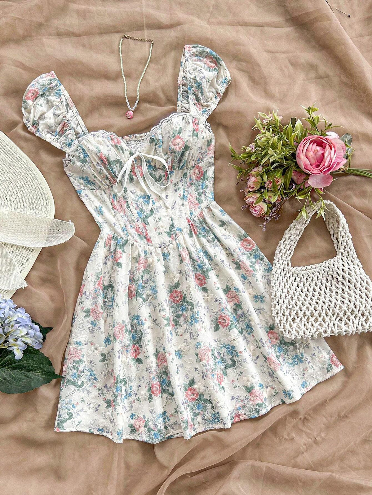 Women Summer Solid Color Square Neck Short Puff Sleeve Elegant Dress With Pleated And Cinched Design