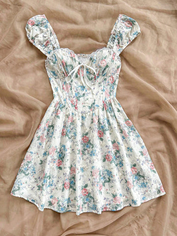 Women Summer Solid Color Square Neck Short Puff Sleeve Elegant Dress With Pleated And Cinched Design