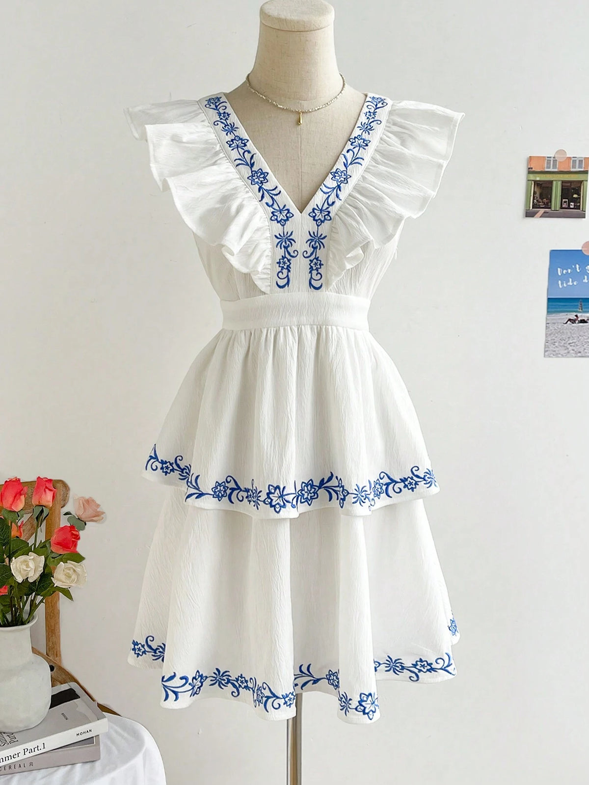 WYWH Resort Style Women's White V-Neck Short Flutter Sleeve Blue Embroidered Multi-Layer A-Line Dress