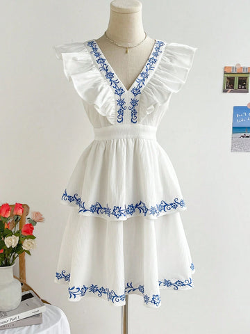 WYWH Resort Style Women's White V-Neck Short Flutter Sleeve Blue Embroidered Multi-Layer A-Line Dress