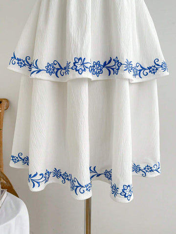 WYWH Resort Style Women's White V-Neck Short Flutter Sleeve Blue Embroidered Multi-Layer A-Line Dress