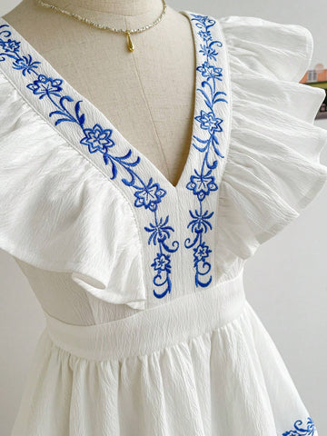WYWH Resort Style Women's White V-Neck Short Flutter Sleeve Blue Embroidered Multi-Layer A-Line Dress