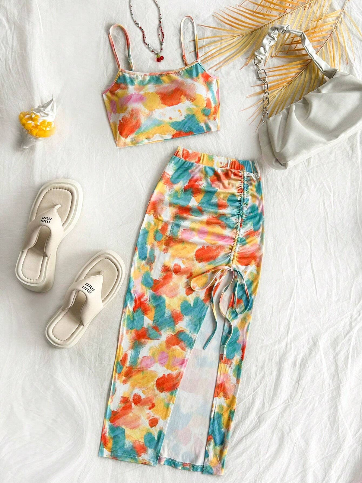 Vacation Colored Tie-Dye Knit Camisole Top And Drawstring Split Skirt Two-Piece Set