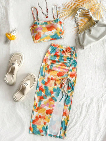 Vacation Colored Tie-Dye Knit Camisole Top And Drawstring Split Skirt Two-Piece Set