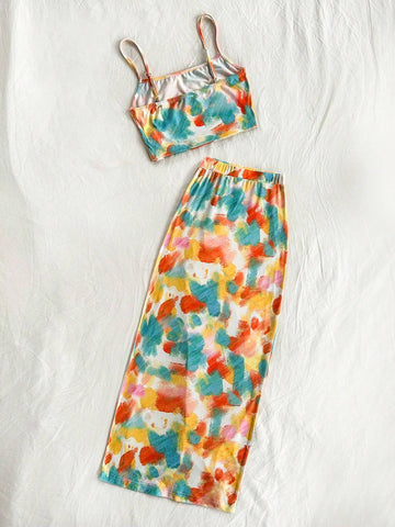 Vacation Colored Tie-Dye Knit Camisole Top And Drawstring Split Skirt Two-Piece Set