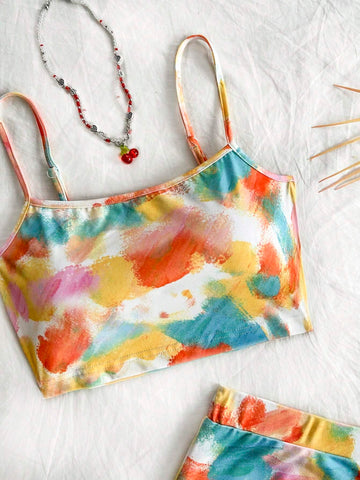 Vacation Colored Tie-Dye Knit Camisole Top And Drawstring Split Skirt Two-Piece Set
