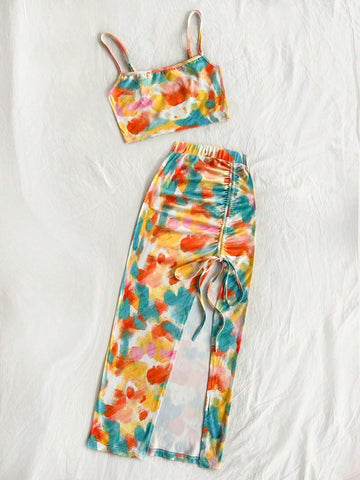 Vacation Colored Tie-Dye Knit Camisole Top And Drawstring Split Skirt Two-Piece Set