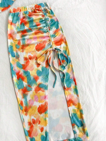 Vacation Colored Tie-Dye Knit Camisole Top And Drawstring Split Skirt Two-Piece Set