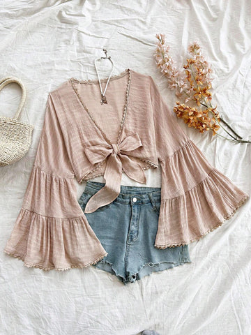 WYWH Vacation Women's Leisure Music Festival Front Chest Strap Flare Sleeves Lotus Leaf Sleeves Panel Lace Texture Fabric Shirt