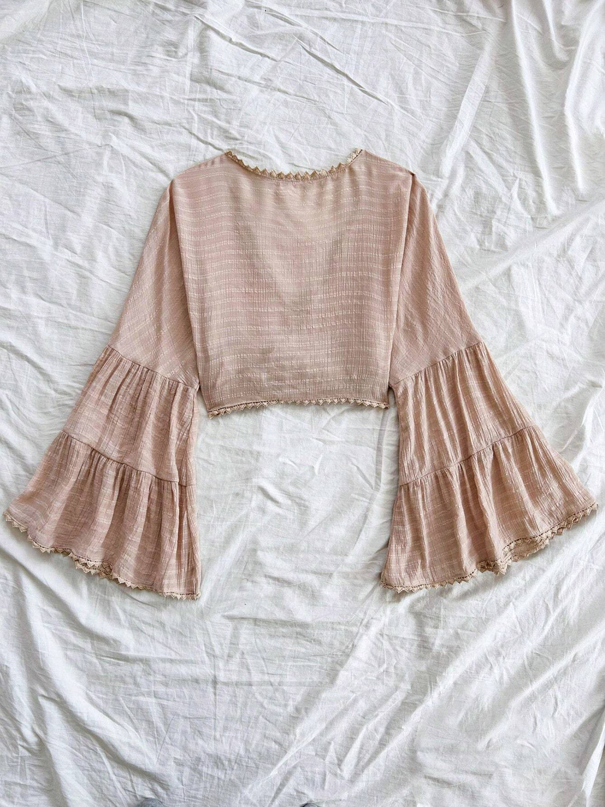 WYWH Vacation Women's Leisure Music Festival Front Chest Strap Flare Sleeves Lotus Leaf Sleeves Panel Lace Texture Fabric Shirt