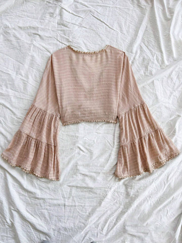 WYWH Vacation Women's Leisure Music Festival Front Chest Strap Flare Sleeves Lotus Leaf Sleeves Panel Lace Texture Fabric Shirt