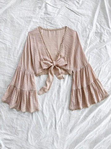 WYWH Vacation Women's Leisure Music Festival Front Chest Strap Flare Sleeves Lotus Leaf Sleeves Panel Lace Texture Fabric Shirt