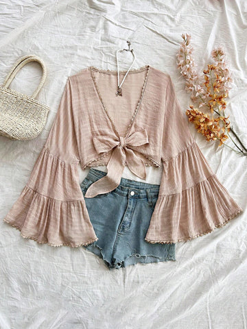 WYWH Vacation Women's Leisure Music Festival Front Chest Strap Flare Sleeves Lotus Leaf Sleeves Panel Lace Texture Fabric Shirt