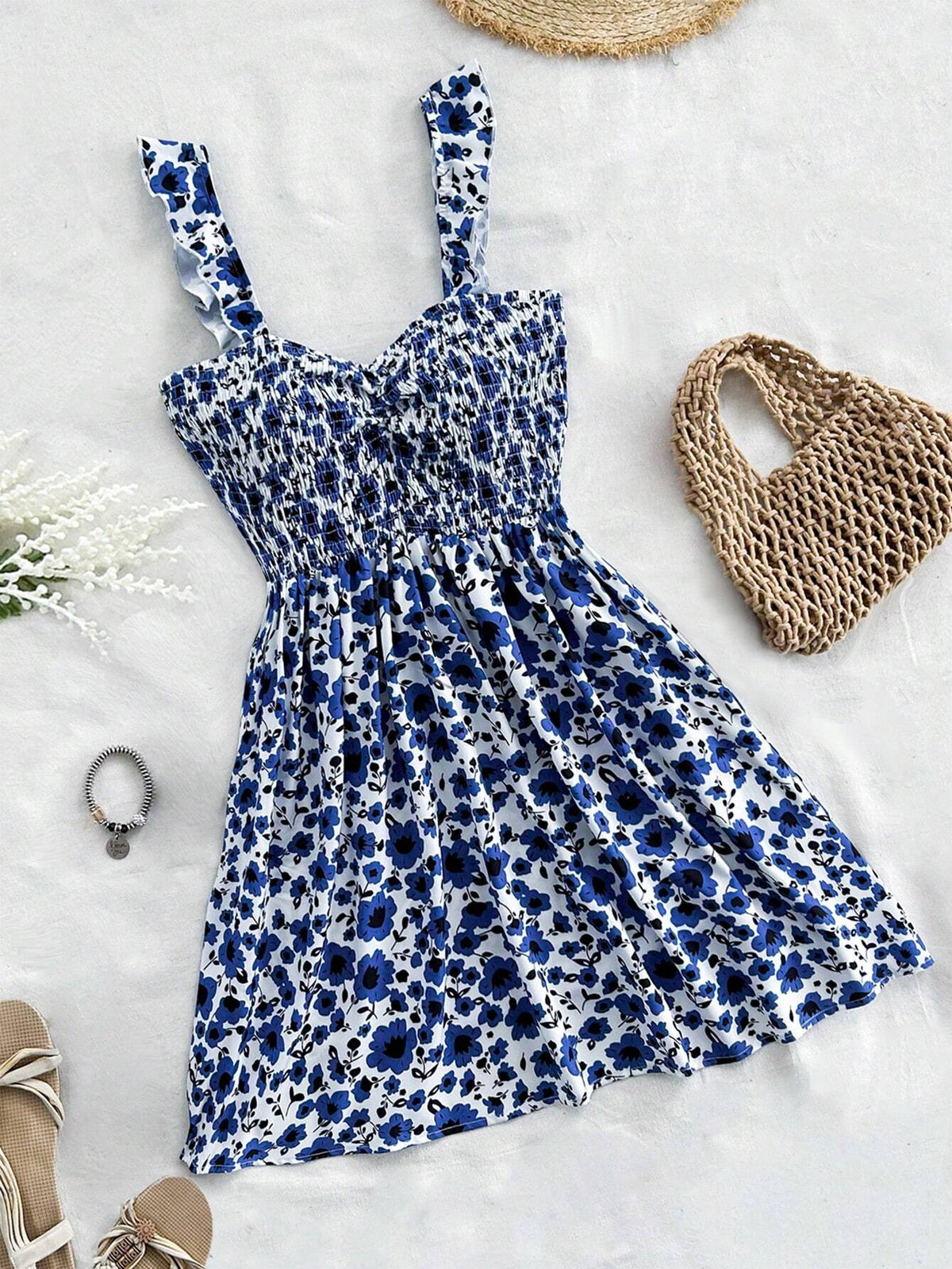 WYWH Vacation Women's Summer Leisure Countryside Holiday Picnic Blue Fragmented Flower Small