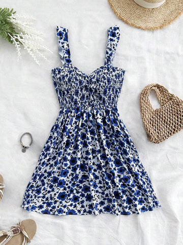 WYWH Vacation Women's Summer Leisure Countryside Holiday Picnic Blue Fragmented Flower Small
