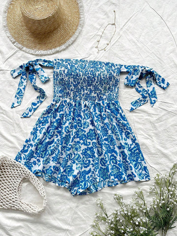 Women\ Blue Floral Print Tie Waist Jumpsuit For Vacation Clothes