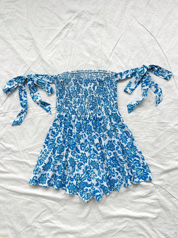 Women\ Blue Floral Print Tie Waist Jumpsuit For Vacation Clothes