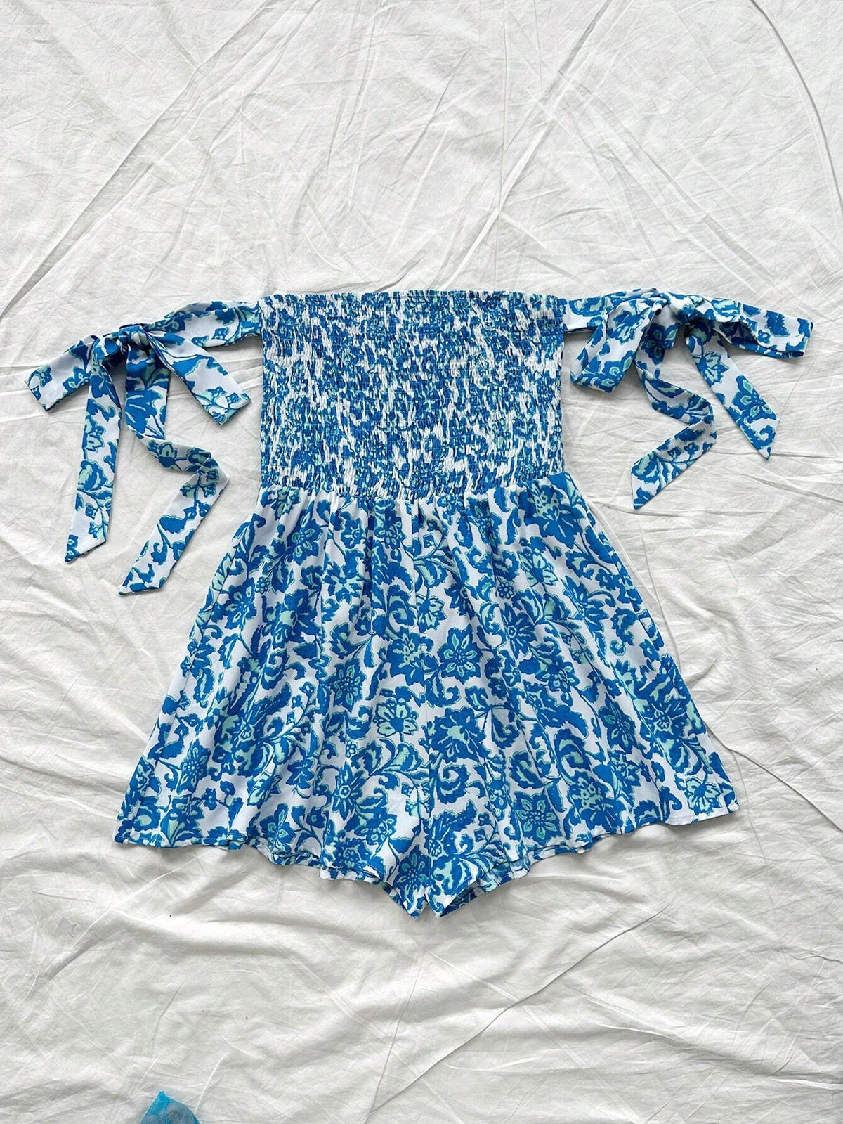 Women\ Blue Floral Print Tie Waist Jumpsuit For Vacation Clothes