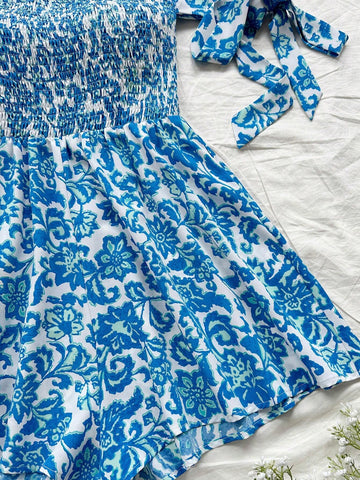 Women\ Blue Floral Print Tie Waist Jumpsuit For Vacation Clothes