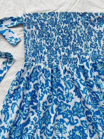 Women\ Blue Floral Print Tie Waist Jumpsuit For Vacation Clothes