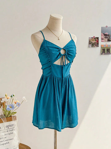 Women Blue Hollow Out Jumpsuit With Back Bow Tie For Vacation
