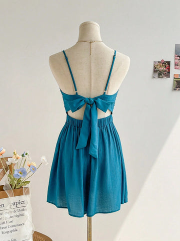 Women Blue Hollow Out Jumpsuit With Back Bow Tie For Vacation