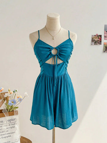 Women Blue Hollow Out Jumpsuit With Back Bow Tie For Vacation