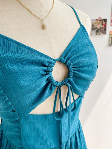 Women Blue Hollow Out Jumpsuit With Back Bow Tie For Vacation